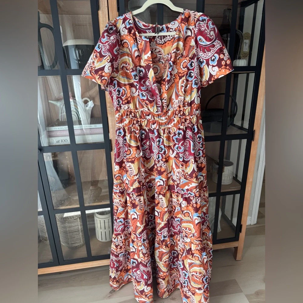 Anthropologie Somerset Tiered Maxi Dress Bronze Paisley print poplin pockets - Picture 3 of 11